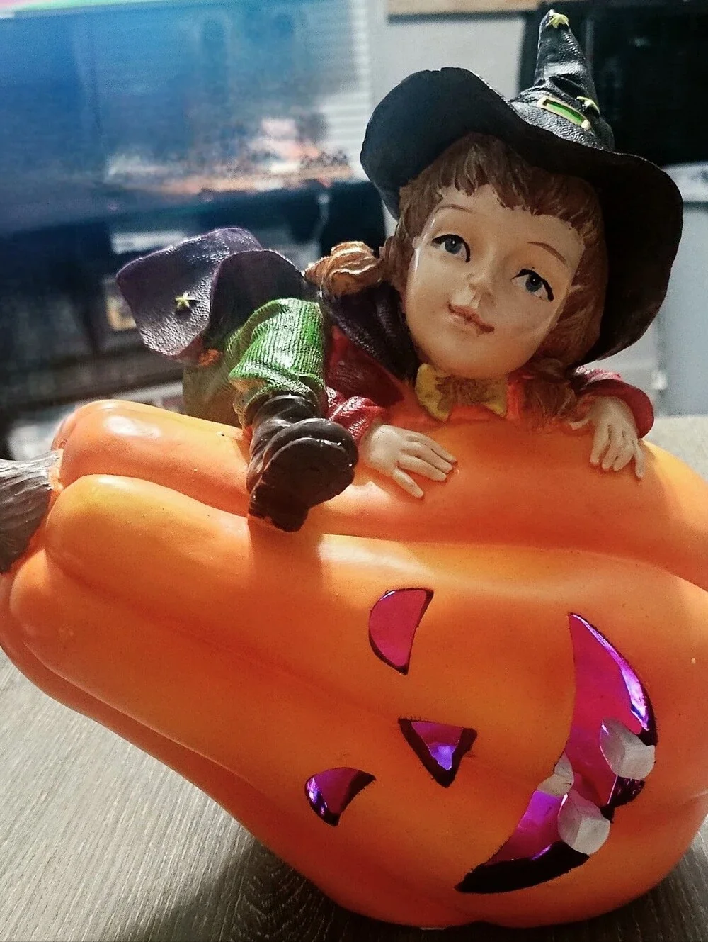 Vintage Halloween Light Up (Little Girl as a Witch on a Pumpkin) Figure 9 x 9